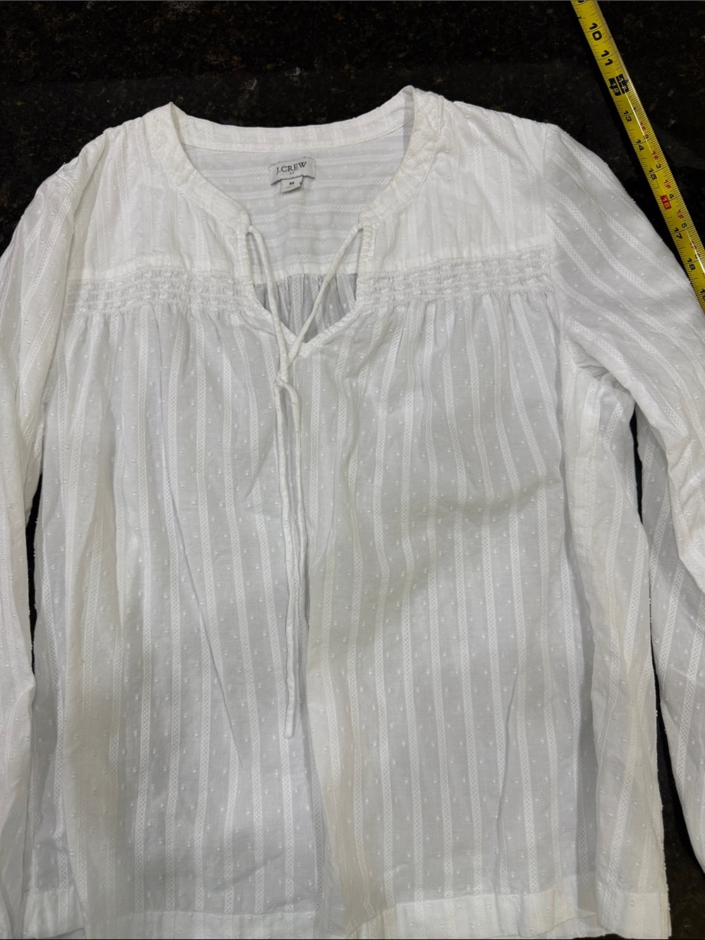 J. Crew White Textured Peasant Blouse with Tie Neck